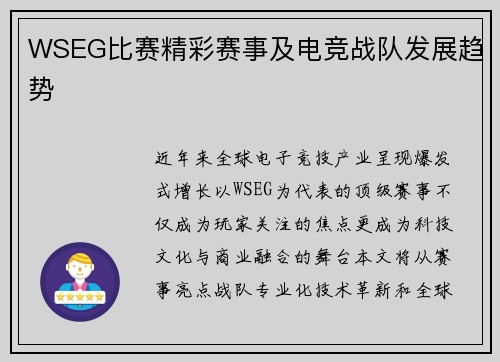 WSEG比赛精彩赛事及电竞战队发展趋势