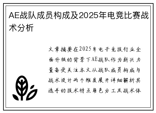 AE战队成员构成及2025年电竞比赛战术分析